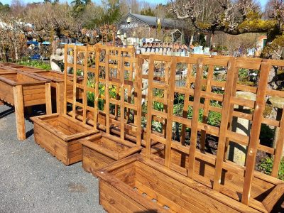 Display of wooden troughs for sale this Easter weekend at Woodside garden, Scottish Borders