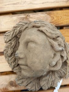 A wall mounted hand moulded girls face, made from a clay compound. Some waer and tear, but still an attractive piece.
H approx 28cm
REF HH20723m82b
Price £20